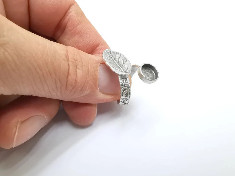 Leaf Ring Setting, Cabochon Blank, Resin Bezel, Round Ring Mounting, Epoxy Frame Base, Adjustable Antique Silver Plated Brass 8mm G35272