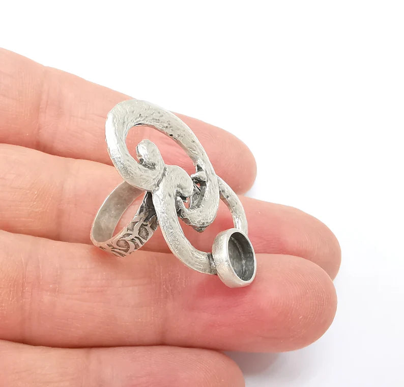 Silver Ring Setting, Cabochon Blank, Resin Bezel, Round Ring Mounting, Epoxy Frame Base, Adjustable Antique Silver Plated Brass 8mm G35277
