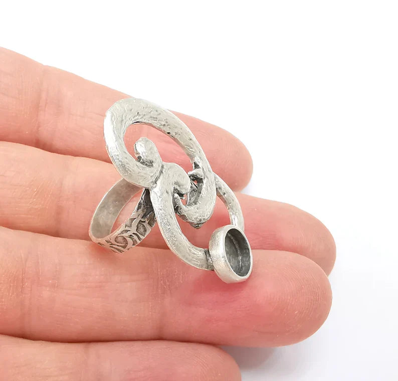 Silver Ring Setting, Cabochon Blank, Resin Bezel, Round Ring Mounting, Epoxy Frame Base, Adjustable Antique Silver Plated Brass 8mm G35277