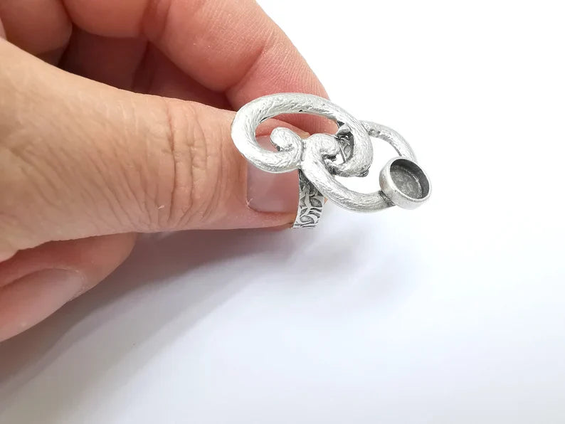 Silver Ring Setting, Cabochon Blank, Resin Bezel, Round Ring Mounting, Epoxy Frame Base, Adjustable Antique Silver Plated Brass 8mm G35277