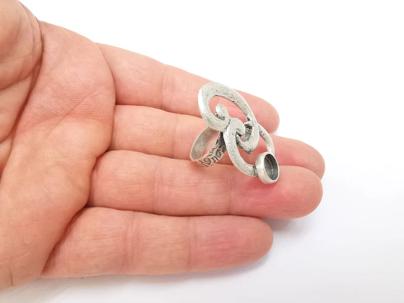 Silver Ring Setting, Cabochon Blank, Resin Bezel, Round Ring Mounting, Epoxy Frame Base, Adjustable Antique Silver Plated Brass 8mm G35277