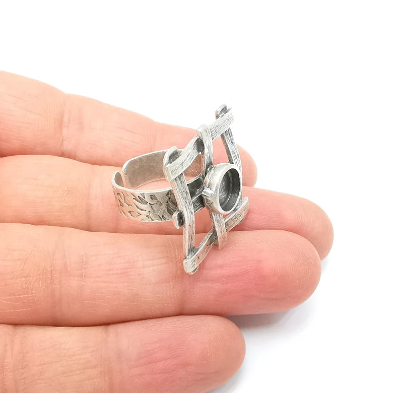 Silver Ring Setting, Cabochon Blank, Resin Bezel, Round Ring Mounting, Epoxy Frame Base, Adjustable Antique Silver Plated Brass 8mm G35278