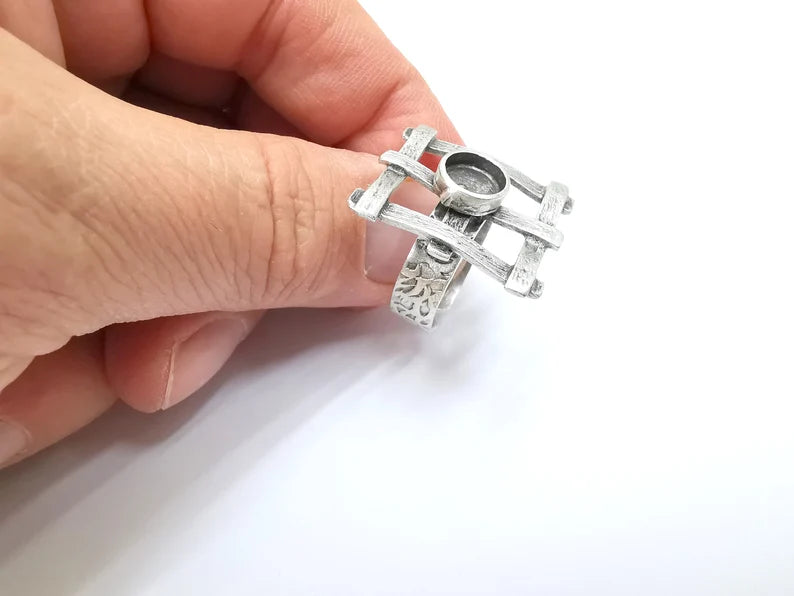 Silver Ring Setting, Cabochon Blank, Resin Bezel, Round Ring Mounting, Epoxy Frame Base, Adjustable Antique Silver Plated Brass 8mm G35278