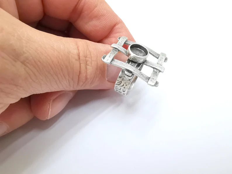 Silver Ring Setting, Cabochon Blank, Resin Bezel, Round Ring Mounting, Epoxy Frame Base, Adjustable Antique Silver Plated Brass 8mm G35278