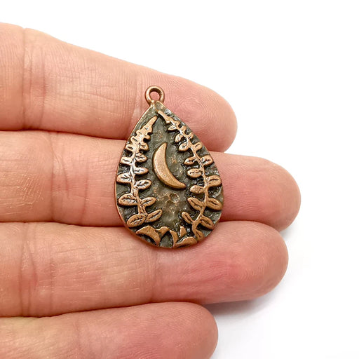 Copper Fern Crescent Charms, Baroque Charms, Earring Charms, Copper Rustic Pendant, Necklace Parts, Antique Copper Plated 34x23mm G35460