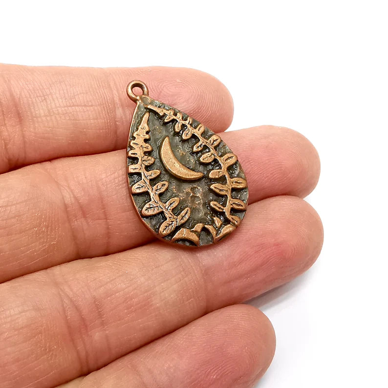 Copper Fern Crescent Charms, Baroque Charms, Earring Charms, Copper Rustic Pendant, Necklace Parts, Antique Copper Plated 34x23mm G35460
