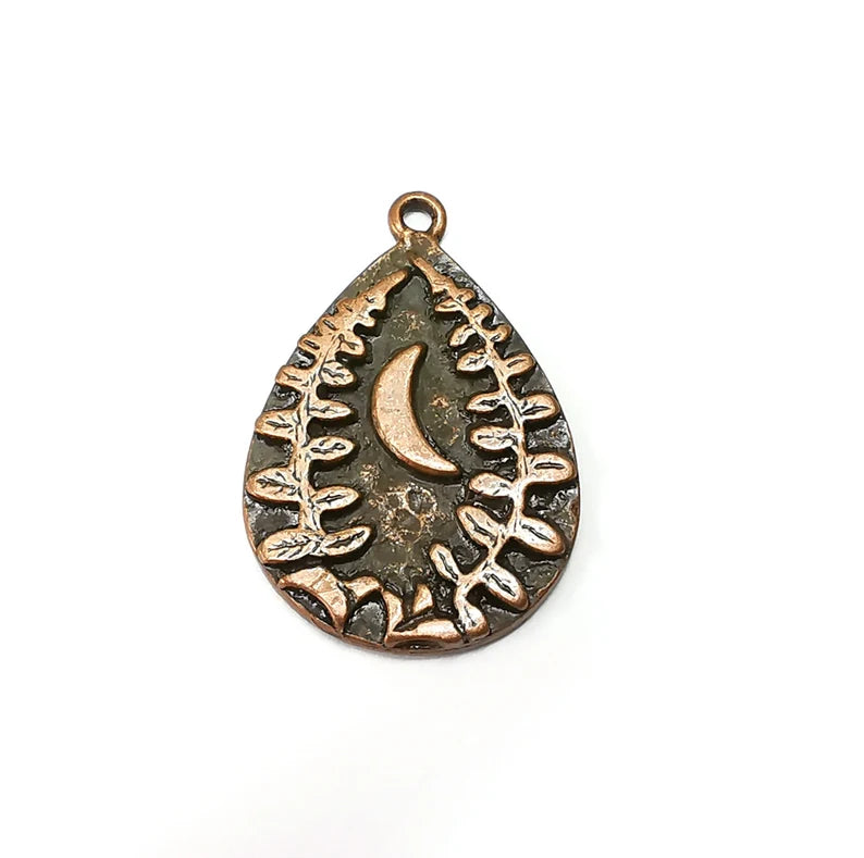 Copper Fern Crescent Charms, Baroque Charms, Earring Charms, Copper Rustic Pendant, Necklace Parts, Antique Copper Plated 34x23mm G35460