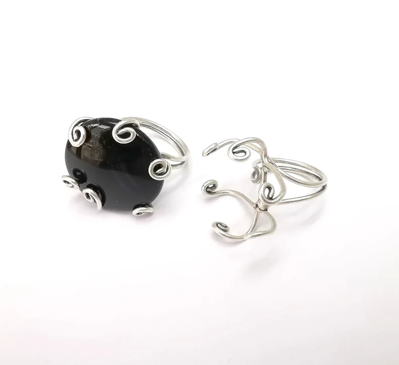 Silver Claw Ring Setting, Cabochon Blank, Resin Bezel, Oval Mounting, Claw Frame Base, Adjustable Antique Silver Plated Brass 30mm G35279