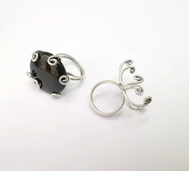 Silver Claw Ring Setting, Cabochon Blank, Resin Bezel, Oval Mounting, Claw Frame Base, Adjustable Antique Silver Plated Brass 30mm G35279