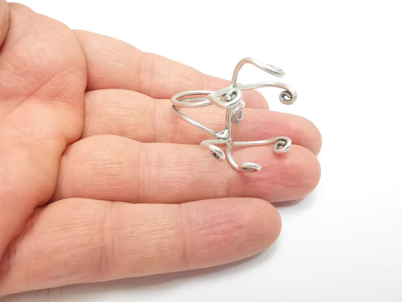 Silver Claw Ring Setting, Cabochon Blank, Resin Bezel, Oval Mounting, Claw Frame Base, Adjustable Antique Silver Plated Brass 30mm G35279