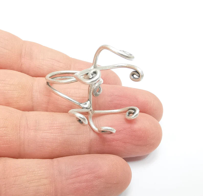 Silver Claw Ring Setting, Cabochon Blank, Resin Bezel, Oval Mounting, Claw Frame Base, Adjustable Antique Silver Plated Brass 30mm G35279