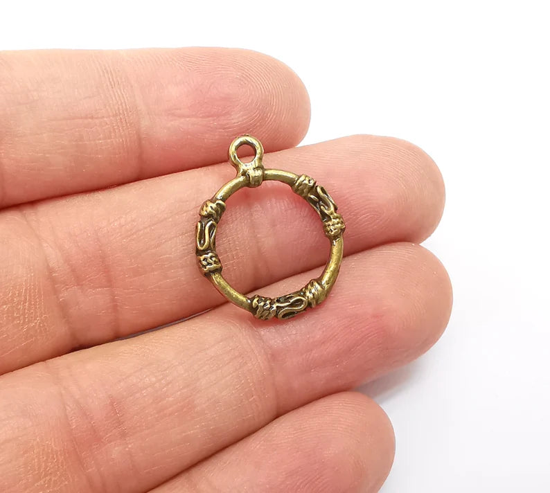5 Circle Charm Connector, Hammered Disc, Perforated Connector, Round Jewelry Parts, Bracelet Component, Antique Bronze Plated 23x18mm G35464