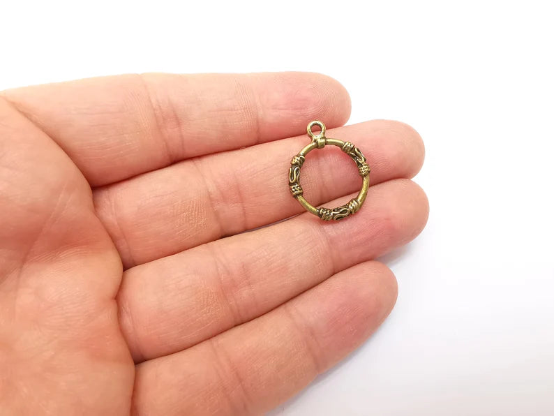 5 Circle Charm Connector, Hammered Disc, Perforated Connector, Round Jewelry Parts, Bracelet Component, Antique Bronze Plated 23x18mm G35464