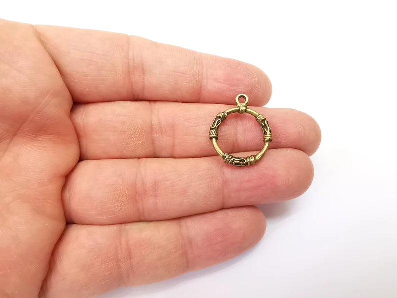 5 Circle Charm Connector, Hammered Disc, Perforated Connector, Round Jewelry Parts, Bracelet Component, Antique Bronze Plated 23x18mm G35464