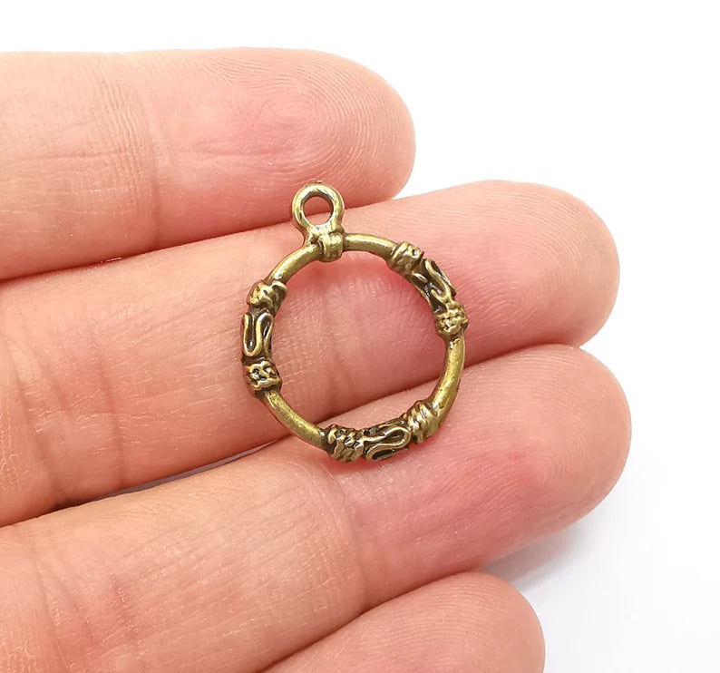 5 Circle Charm Connector, Hammered Disc, Perforated Connector, Round Jewelry Parts, Bracelet Component, Antique Bronze Plated 23x18mm G35464