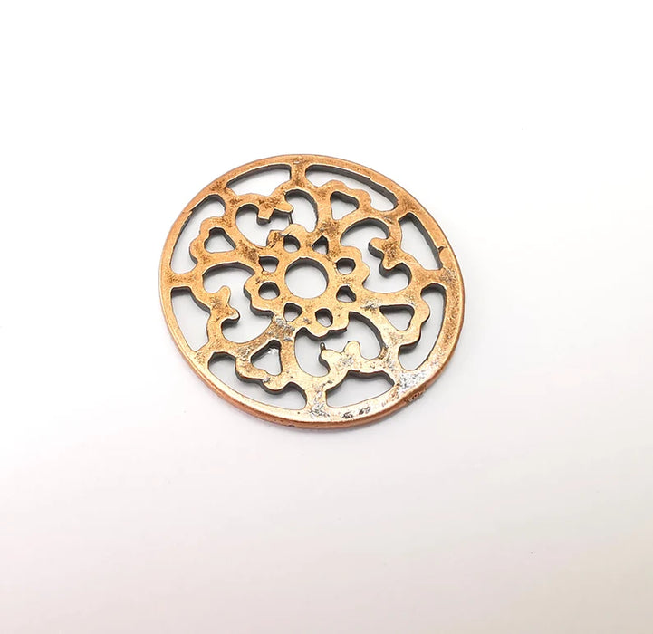 2 Circle Connector, Filigree Disc, Perforated Connector, Round Jewelry Parts, Bracelet Component, Antique Copper Plated Metal 29mm G35465