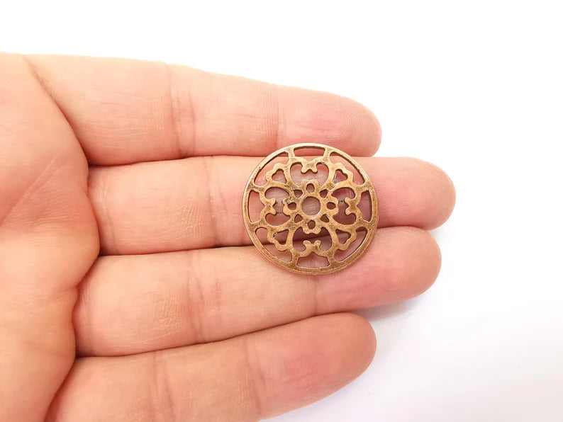 2 Circle Connector, Filigree Disc, Perforated Connector, Round Jewelry Parts, Bracelet Component, Antique Copper Plated Metal 29mm G35465