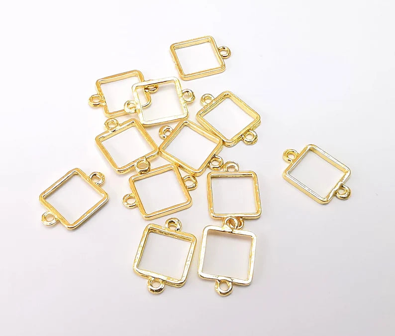 10 Square Connector, Shiny Gold Plated Charms, Jewelry Parts, Bracelet Component, Shiny Gold Plated Findings (16x10mm) G35466