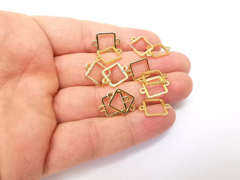 10 Square Connector, Shiny Gold Plated Charms, Jewelry Parts, Bracelet Component, Shiny Gold Plated Findings (16x10mm) G35466