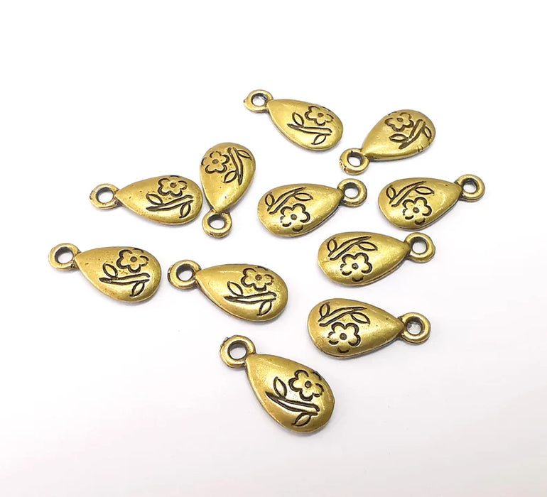 10 Flower Drop Charms, Leaf Flower Charms, Dangle Charm, Bracelet Component, Earring Charm, Necklace Parts, Antique Bronze Plated 14x7mm G35470