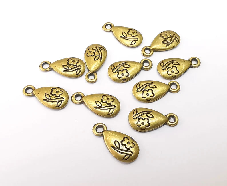 10 Flower Drop Charms, Leaf Flower Charms, Dangle Charm, Bracelet Component, Earring Charm, Necklace Parts, Antique Bronze Plated 14x7mm G35470