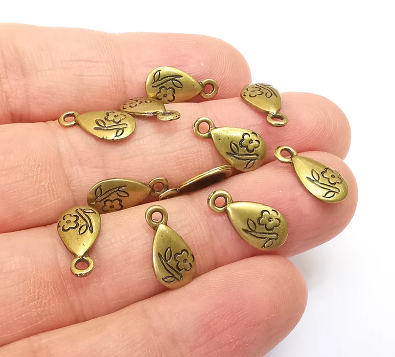 10 Flower Drop Charms, Leaf Flower Charms, Dangle Charm, Bracelet Component, Earring Charm, Necklace Parts, Antique Bronze Plated 14x7mm G35470