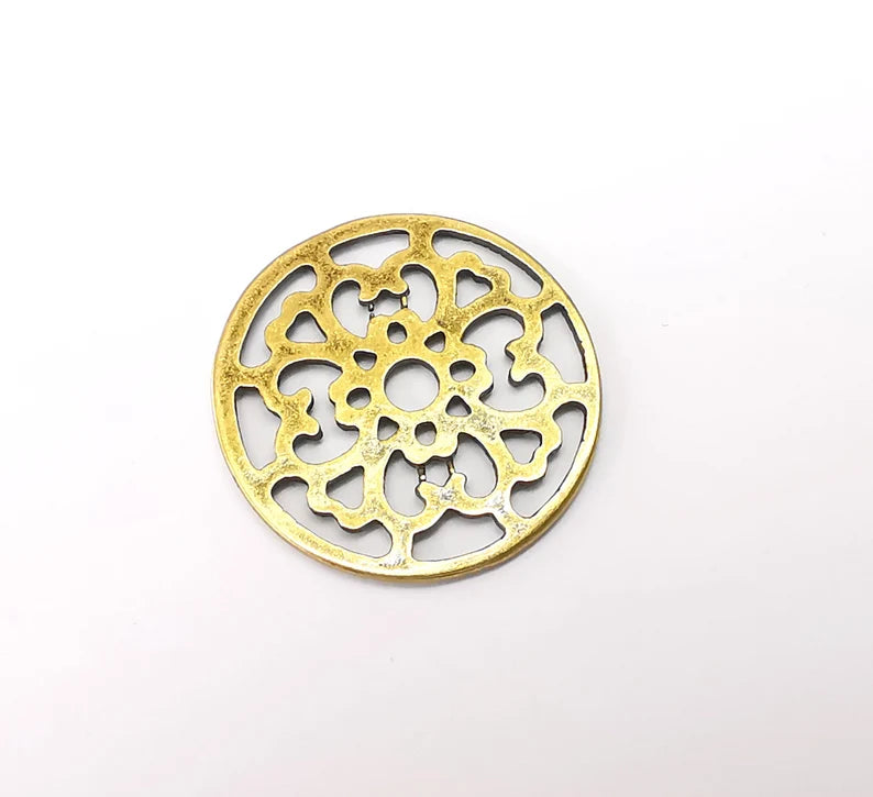 2 Circle Connector, Filigree Disc, Perforated Connector, Round Jewelry Parts, Bracelet Component, Antique Bronze Plated Metal 29mm G35471
