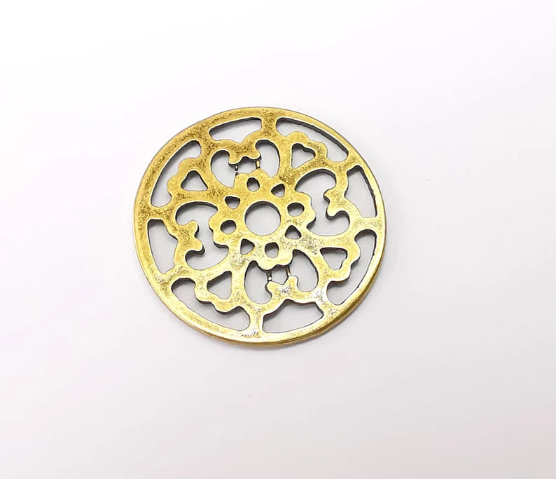 2 Circle Connector, Filigree Disc, Perforated Connector, Round Jewelry Parts, Bracelet Component, Antique Bronze Plated Metal 29mm G35471