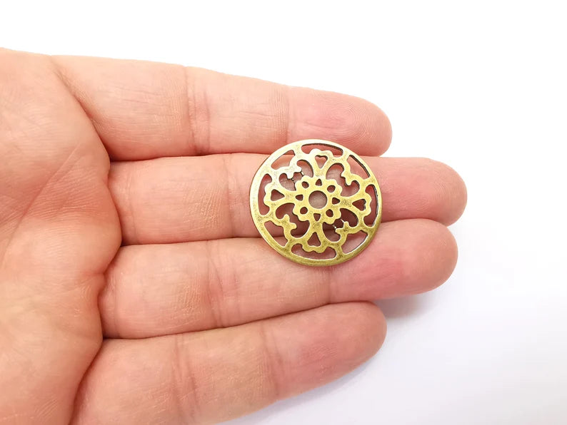 2 Circle Connector, Filigree Disc, Perforated Connector, Round Jewelry Parts, Bracelet Component, Antique Bronze Plated Metal 29mm G35471