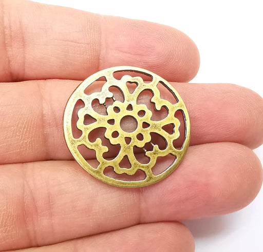 2 Circle Connector, Filigree Disc, Perforated Connector, Round Jewelry Parts, Bracelet Component, Antique Bronze Plated Metal 29mm G35471