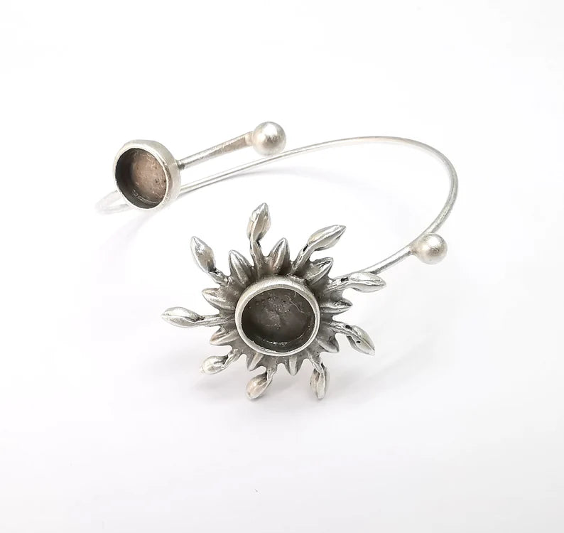 Sun Bracelet, Sun Flower Cuff, Ivy Bangle Bezel, Resin Blank, Wristband Cabochon Base, Adjustable Antique Silver Brass (10mm, 8mm) G35284