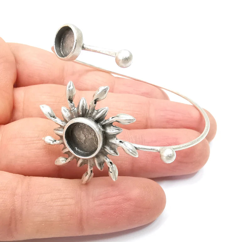 Sun Bracelet, Sun Flower Cuff, Ivy Bangle Bezel, Resin Blank, Wristband Cabochon Base, Adjustable Antique Silver Brass (10mm, 8mm) G35284