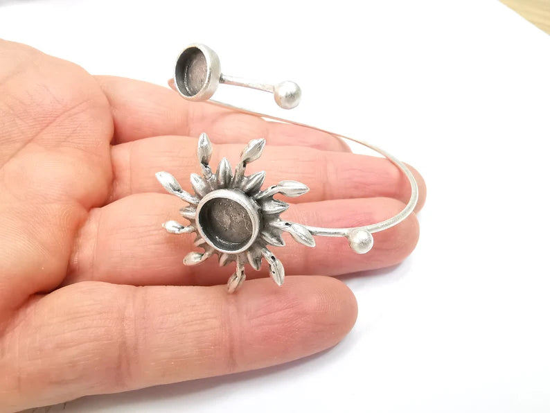 Sun Bracelet, Sun Flower Cuff, Ivy Bangle Bezel, Resin Blank, Wristband Cabochon Base, Adjustable Antique Silver Brass (10mm, 8mm) G35284