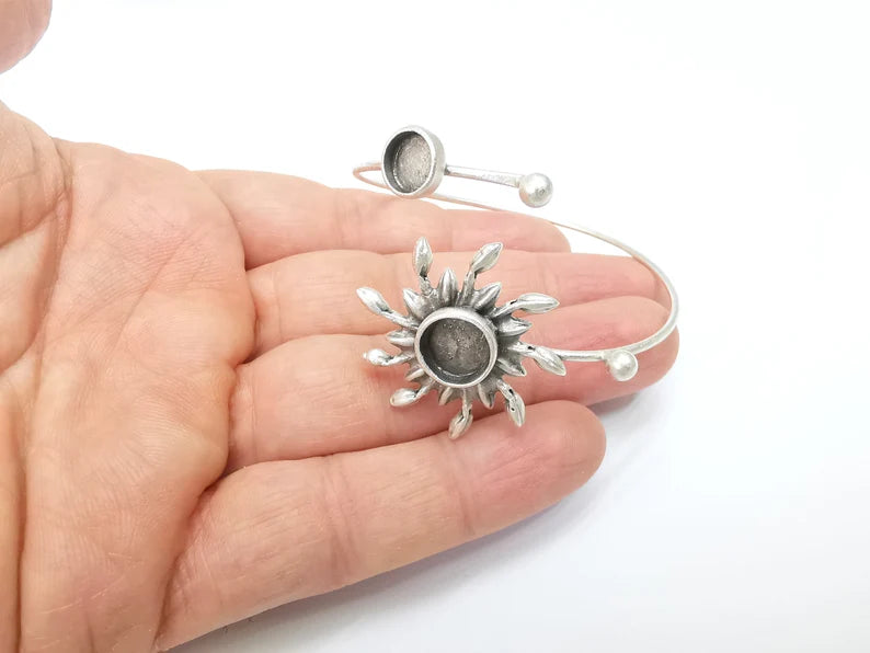 Sun Bracelet, Sun Flower Cuff, Ivy Bangle Bezel, Resin Blank, Wristband Cabochon Base, Adjustable Antique Silver Brass (10mm, 8mm) G35284