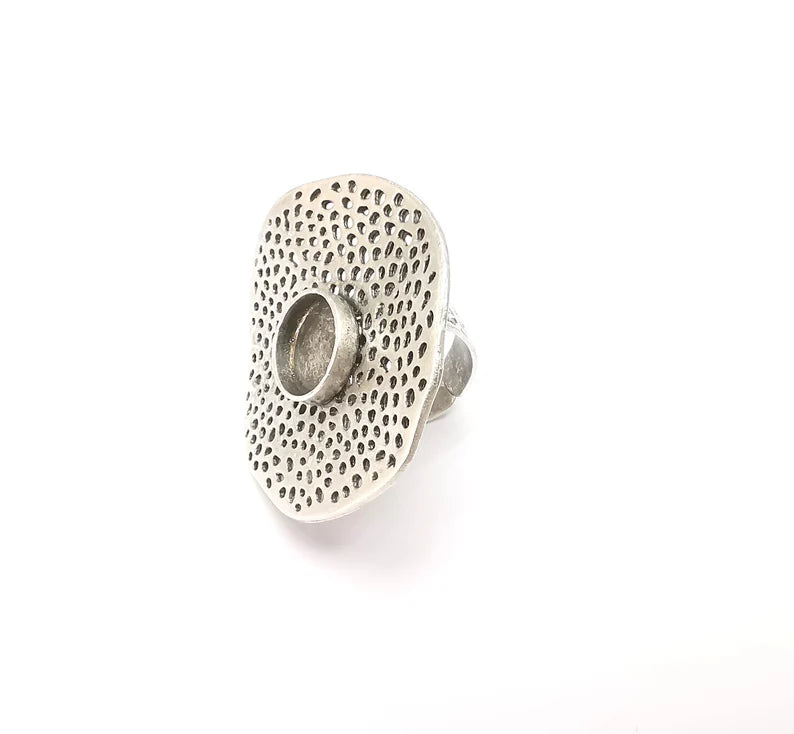 Perforated Wavy Disc Ring Setting, Cabochon Blank, Resin Bezel Mounting, Epoxy Frame, Adjustable Antique Silver Plated Brass 12mm G35286