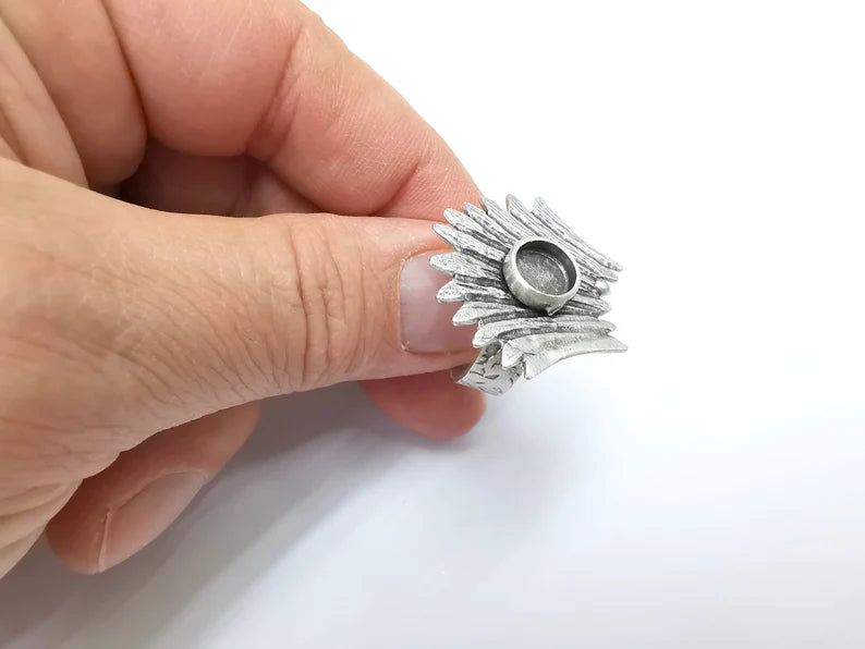 Leaf Ring Setting, Cabochon Blank, Resin Bezel, Round Ring Mounting, Epoxy Frame Base, Adjustable Antique Silver Plated Brass 8mm G35287