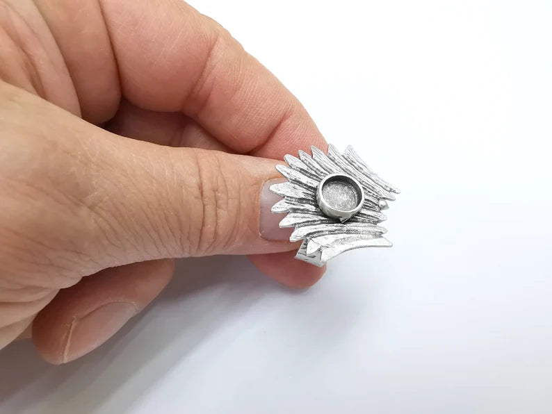 Leaf Ring Setting, Cabochon Blank, Resin Bezel, Round Ring Mounting, Epoxy Frame Base, Adjustable Antique Silver Plated Brass 8mm G35287