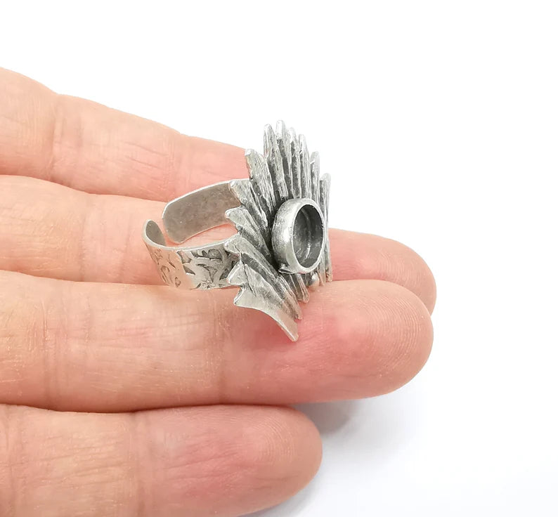 Leaf Ring Setting, Cabochon Blank, Resin Bezel, Round Ring Mounting, Epoxy Frame Base, Adjustable Antique Silver Plated Brass 8mm G35287