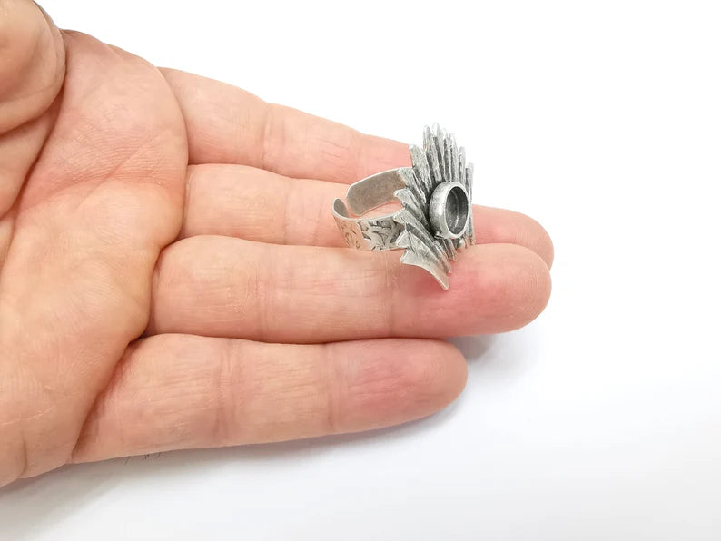 Leaf Ring Setting, Cabochon Blank, Resin Bezel, Round Ring Mounting, Epoxy Frame Base, Adjustable Antique Silver Plated Brass 8mm G35287