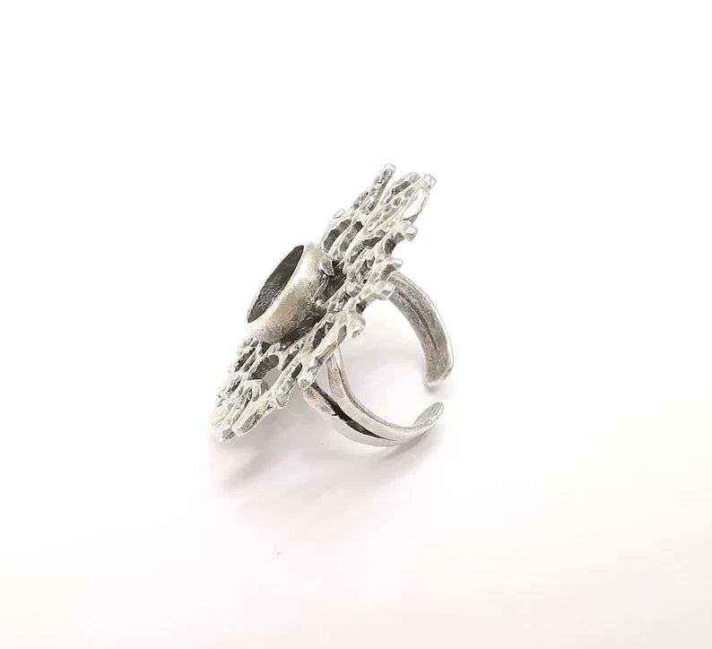 Coral Ring Setting, Cabochon Blank, Resin Bezel, Round Ring Mounting, Epoxy Frame Base, Adjustable Antique Silver Plated Brass 10mm G35288