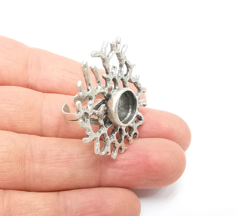 Coral Ring Setting, Cabochon Blank, Resin Bezel, Round Ring Mounting, Epoxy Frame Base, Adjustable Antique Silver Plated Brass 10mm G35288