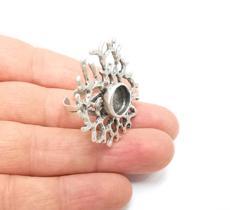 Coral Ring Setting, Cabochon Blank, Resin Bezel, Round Ring Mounting, Epoxy Frame Base, Adjustable Antique Silver Plated Brass 10mm G35288