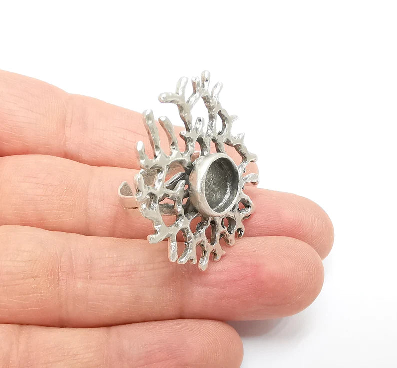 Coral Ring Setting, Cabochon Blank, Resin Bezel, Round Ring Mounting, Epoxy Frame Base, Adjustable Antique Silver Plated Brass 10mm G35288
