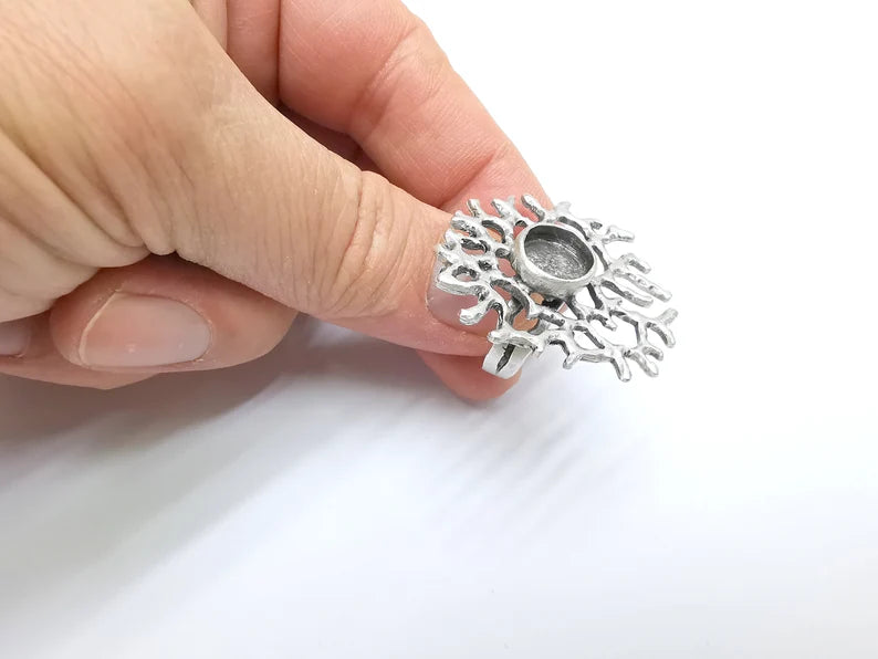 Coral Ring Setting, Cabochon Blank, Resin Bezel, Round Ring Mounting, Epoxy Frame Base, Adjustable Antique Silver Plated Brass 10mm G35288