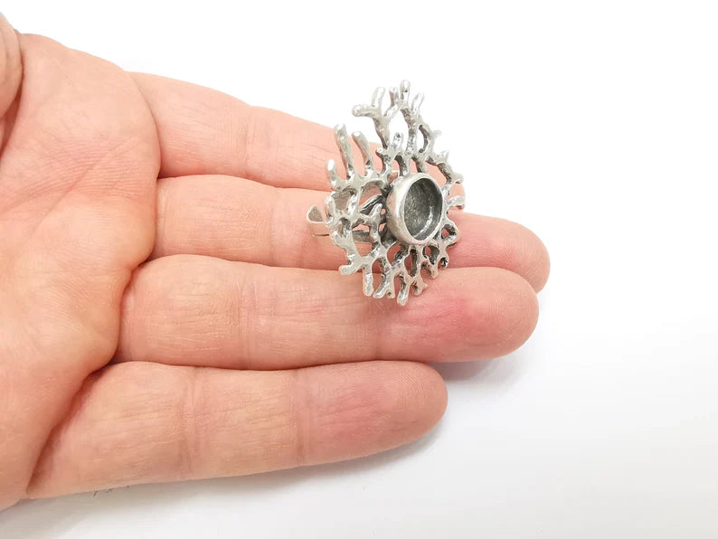 Coral Ring Setting, Cabochon Blank, Resin Bezel, Round Ring Mounting, Epoxy Frame Base, Adjustable Antique Silver Plated Brass 10mm G35288