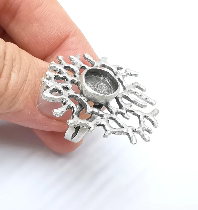 Coral Ring Setting, Cabochon Blank, Resin Bezel, Round Ring Mounting, Epoxy Frame Base, Adjustable Antique Silver Plated Brass 10mm G35288