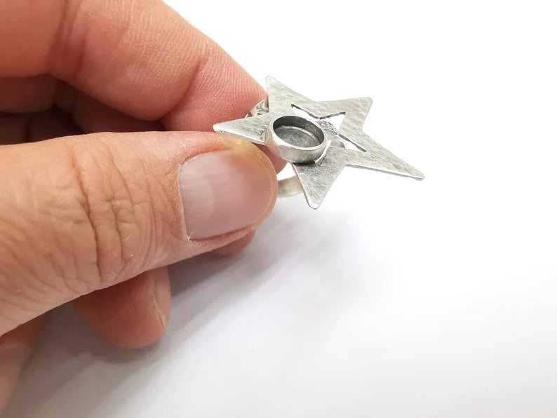 Star Ring Setting, Cabochon Blank, Resin Bezel, Round Ring Mounting, Epoxy Frame Base, Adjustable Antique Silver Plated Brass 8mm G35289