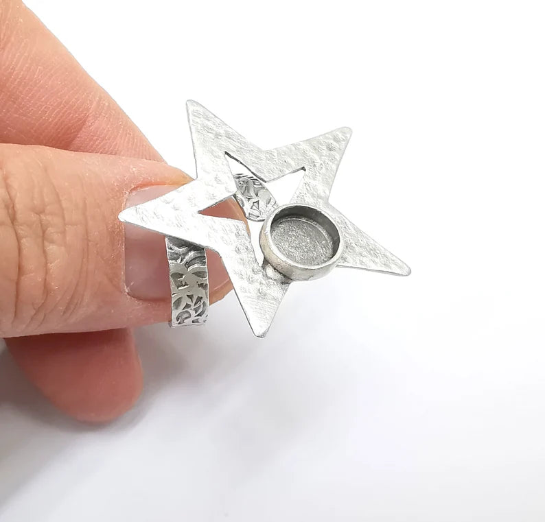 Star Ring Setting, Cabochon Blank, Resin Bezel, Round Ring Mounting, Epoxy Frame Base, Adjustable Antique Silver Plated Brass 8mm G35289