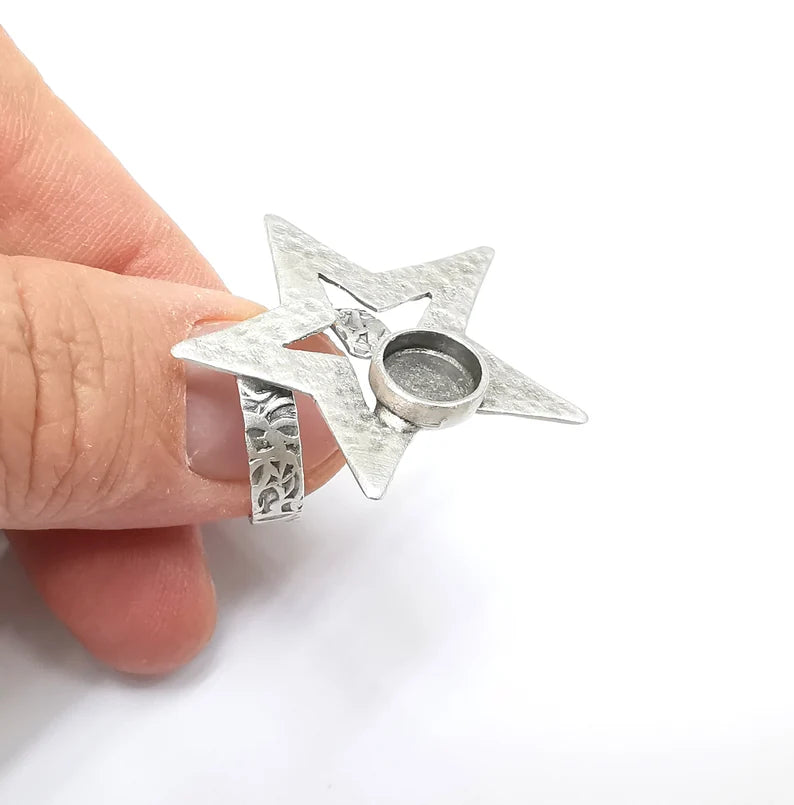 Star Ring Setting, Cabochon Blank, Resin Bezel, Round Ring Mounting, Epoxy Frame Base, Adjustable Antique Silver Plated Brass 8mm G35289