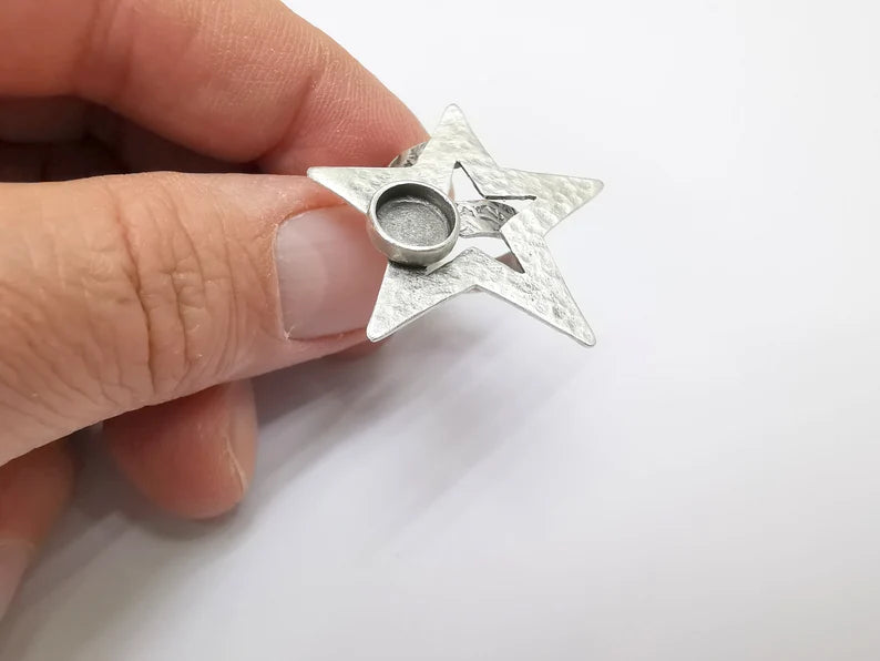 Star Ring Setting, Cabochon Blank, Resin Bezel, Round Ring Mounting, Epoxy Frame Base, Adjustable Antique Silver Plated Brass 8mm G35289